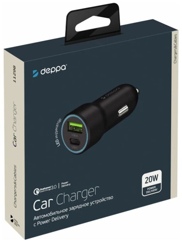 Deppa USB-C+USB A Car Charger, Black